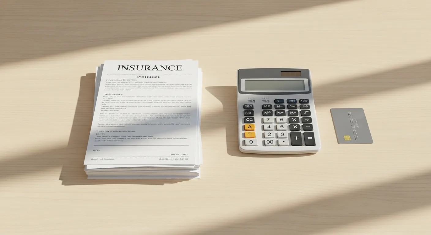 A calculator, insurance documents, and a credit card on a clean desk