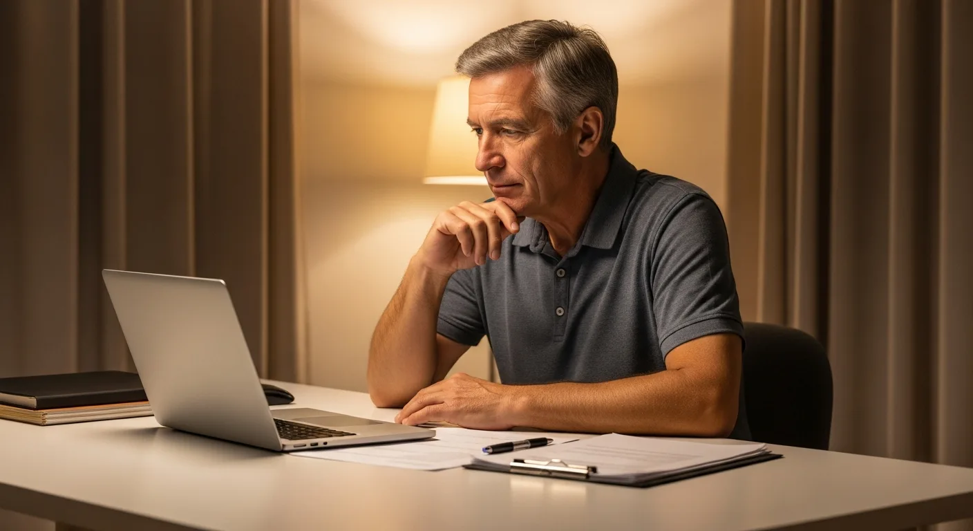 A man reviewing monthly bills at a home office desk with a laptop open