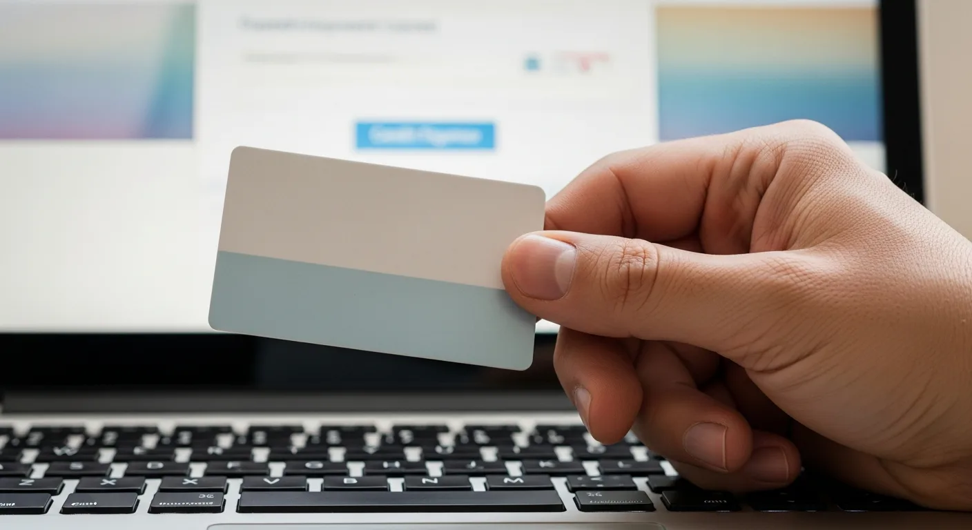 A close-up of a hand holding a credit card near a laptop showing a payment portal