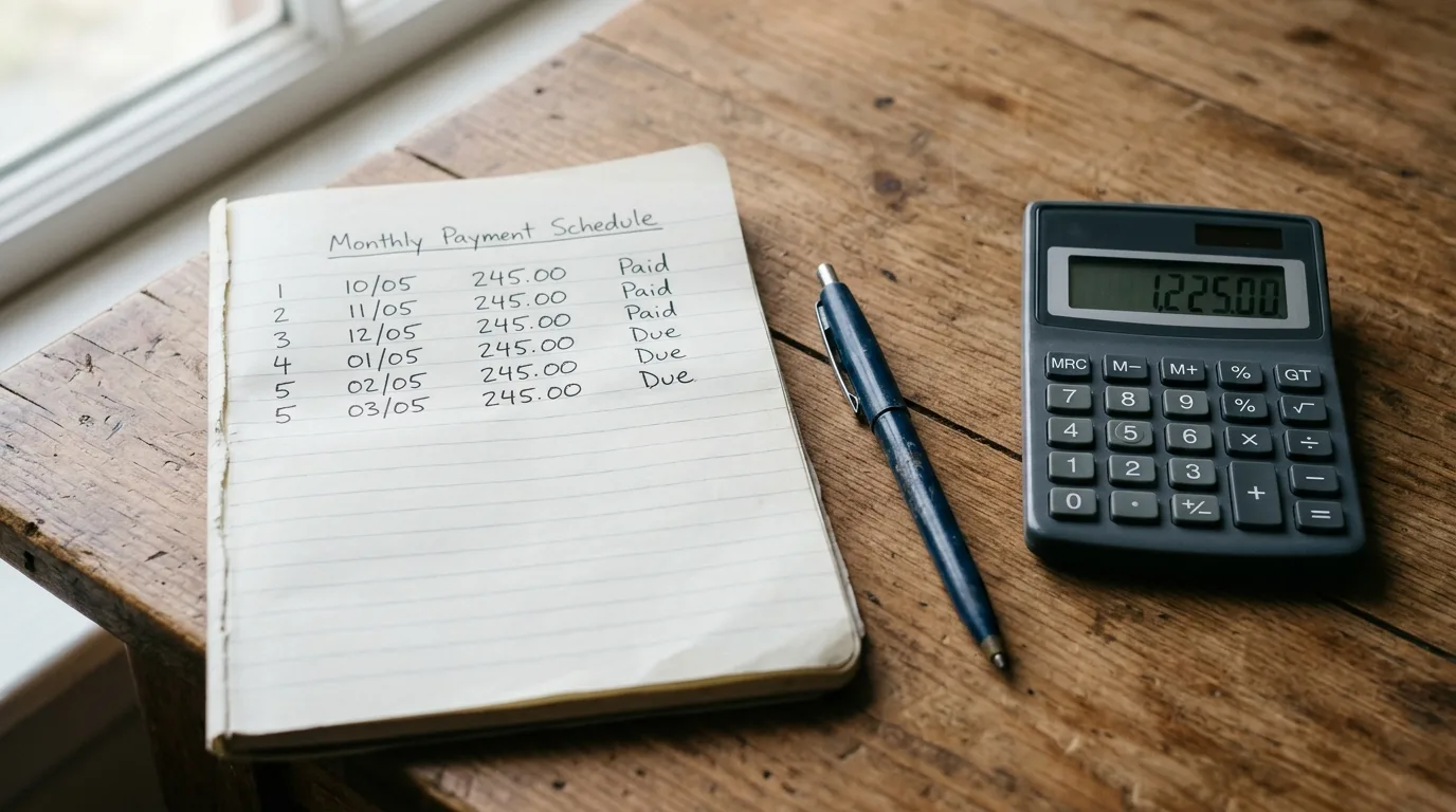 Calculator and notebook with a repayment plan on a wooden desk