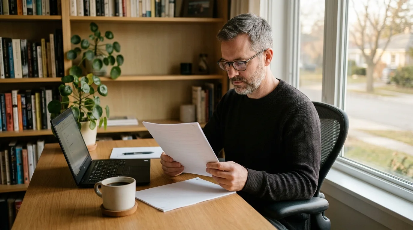 Adult man reviewing documents at a small home office