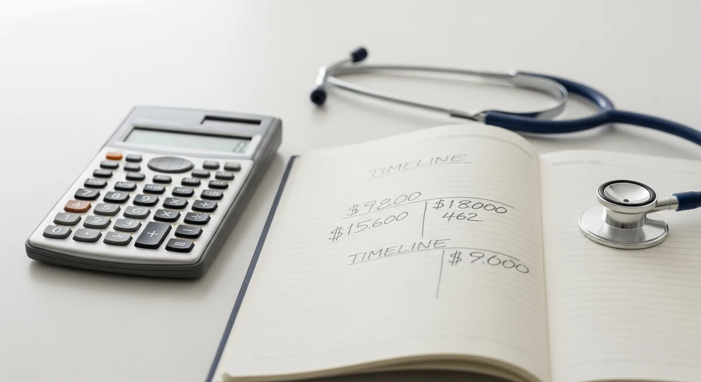 A calculator, a notebook with financial figures, and a stethoscope on a clean desk