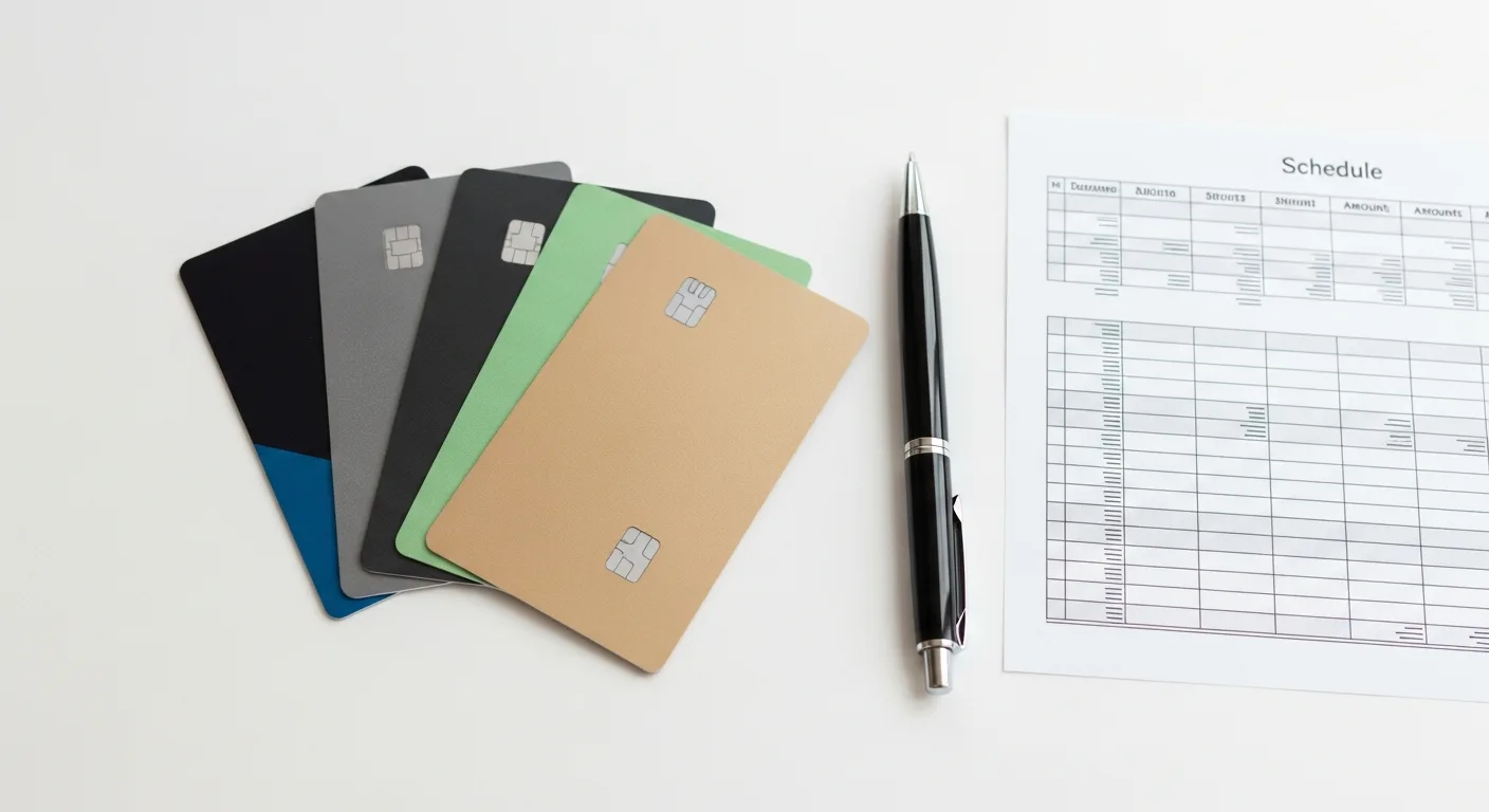 Several credit cards fanned out on a white surface next to a pen and a printed payment schedule