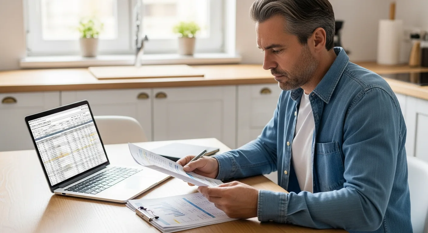 An adult man reviewing financial documents at a kitchen table with a laptop open beside him