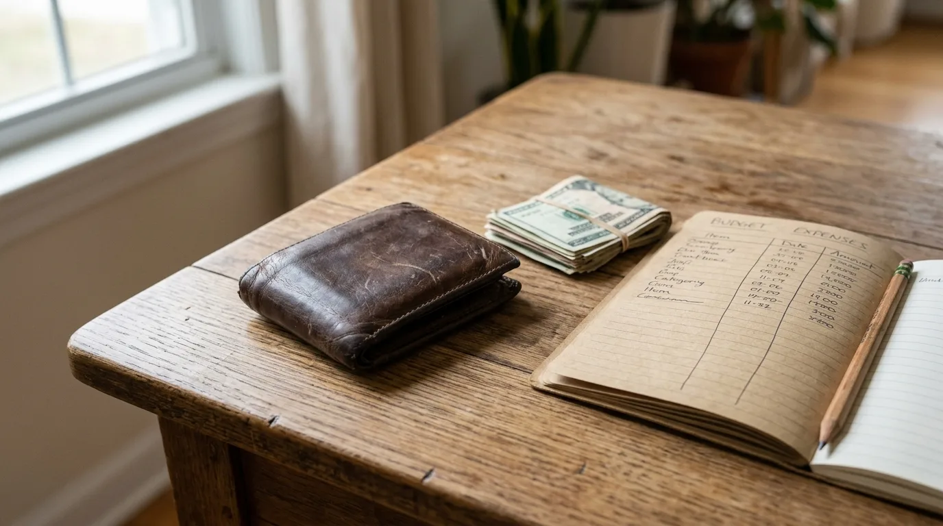 A wallet next to a stack of bills and a notebook with a simple budget written out