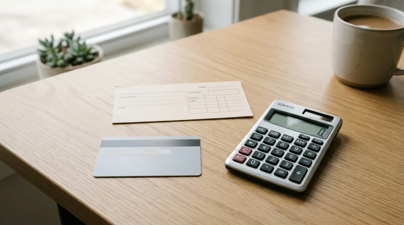 A secured credit card deposit slip and a calculator on a desk