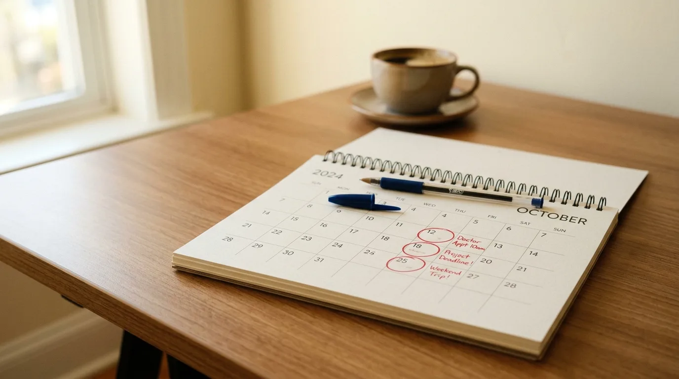 A calendar with recurring bill dates circled and a pen resting on it