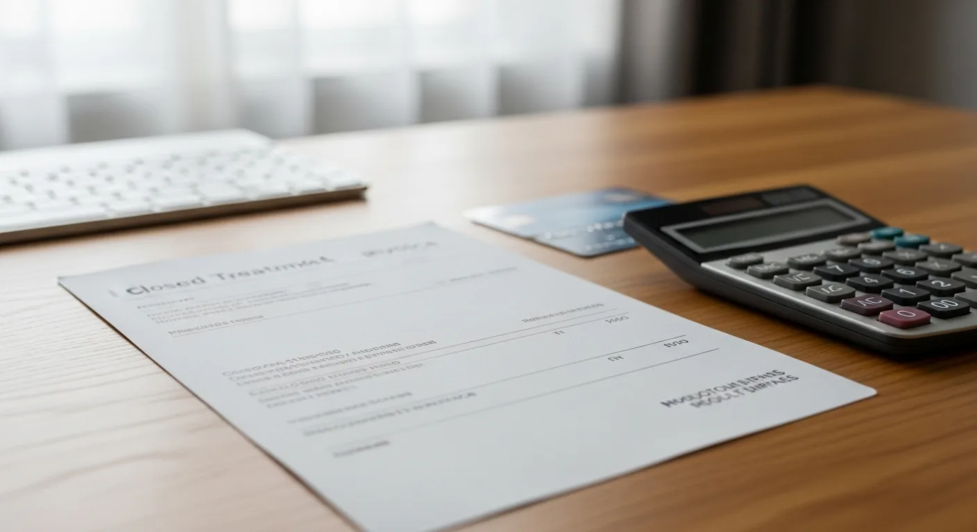 Dental invoice on a wooden desk next to a credit card and a calculator