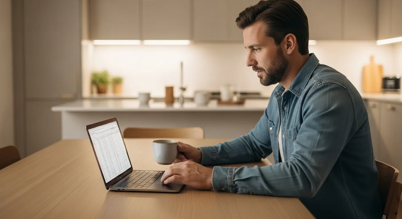 Adult man reviewing a payment plan on a laptop at a kitchen table with a coffee mug