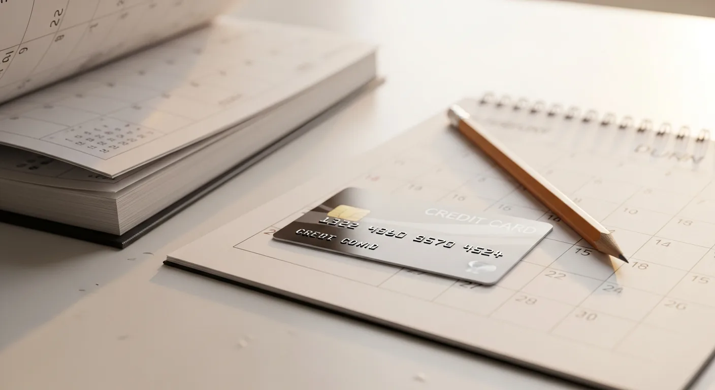 A generic credit card resting on a calendar open to a future month