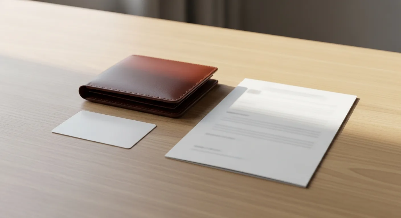 A new leather wallet on a wooden desk next to a U.S. Social Security card and a blank credit card