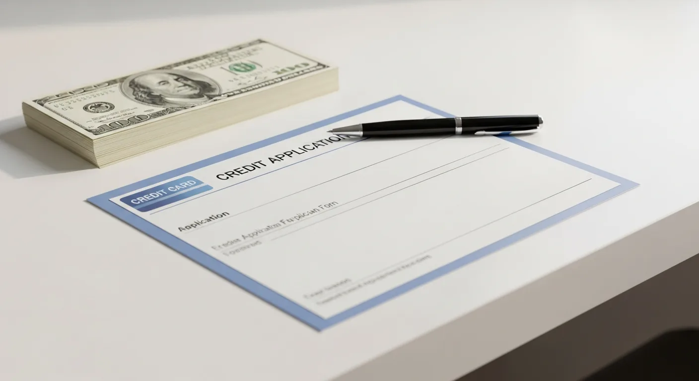 A secured credit card application form and a small stack of U.S. dollar bills on a desk
