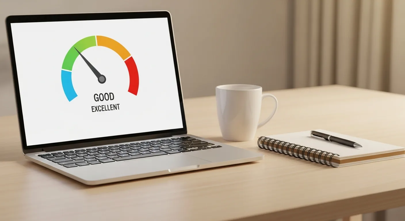 A laptop showing a credit score gauge on screen, placed on a desk with a coffee cup and notebook