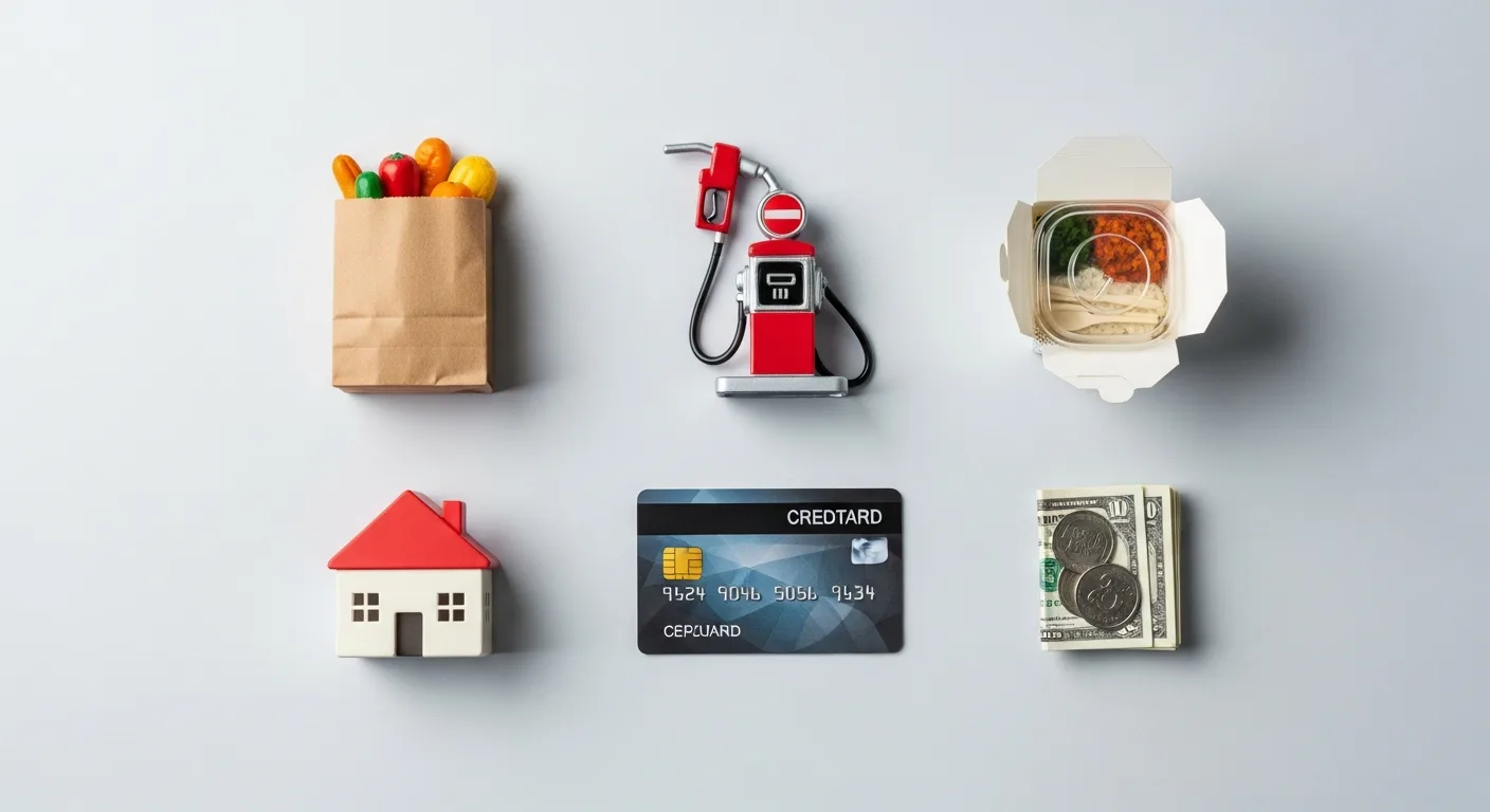 Everyday spending items including a grocery bag, gas pump, and takeout container arranged around a credit card