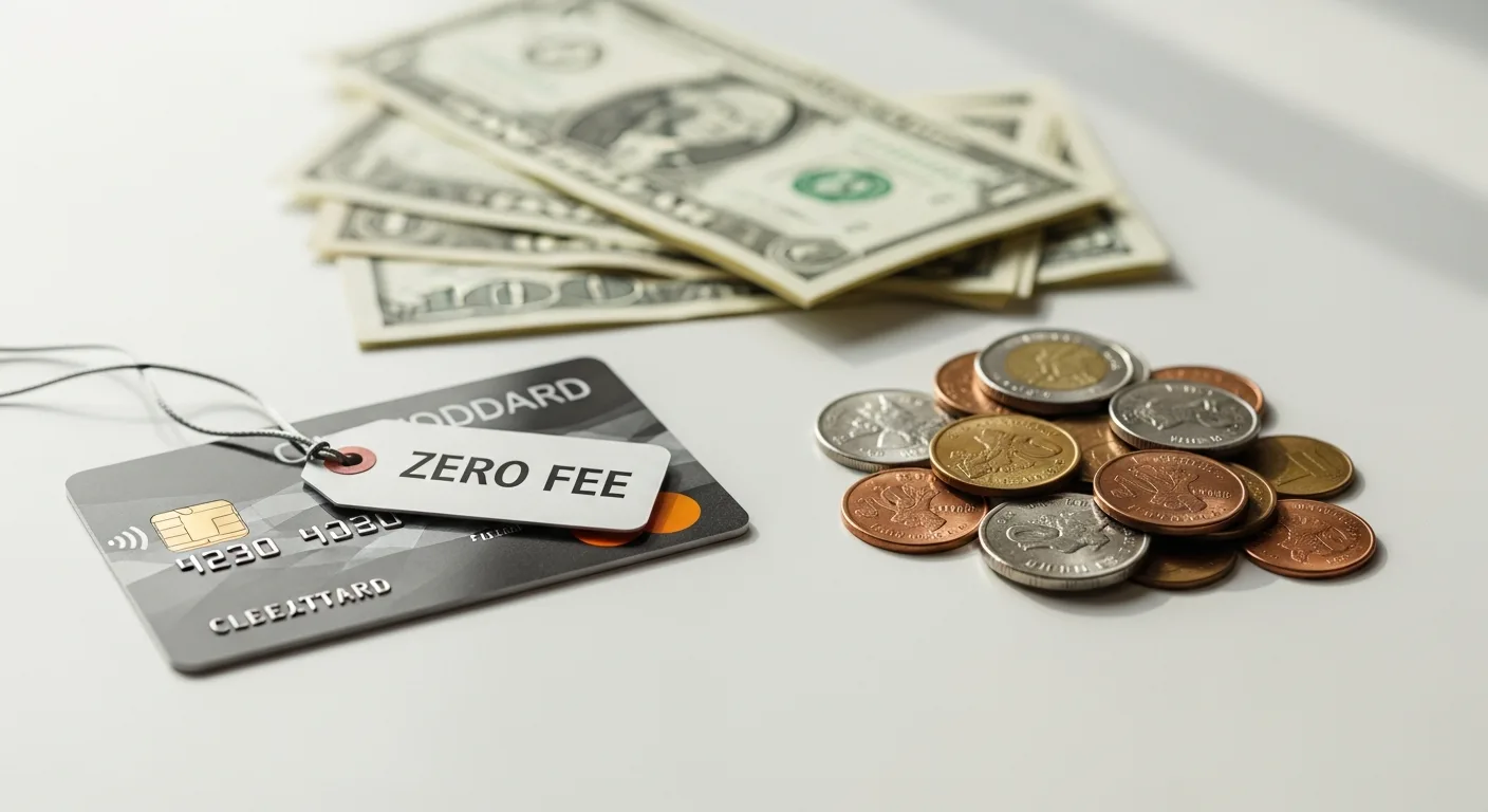 Credit card beside a pile of coins and cash on a clean white surface representing cash back rewards
