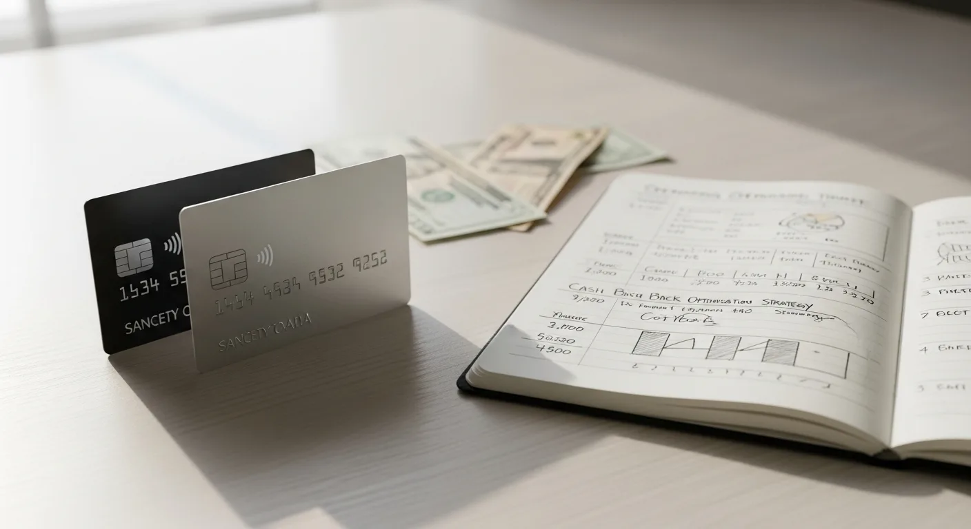 Two credit cards side by side next to a spending tracker notebook showing the two-card cash back strategy