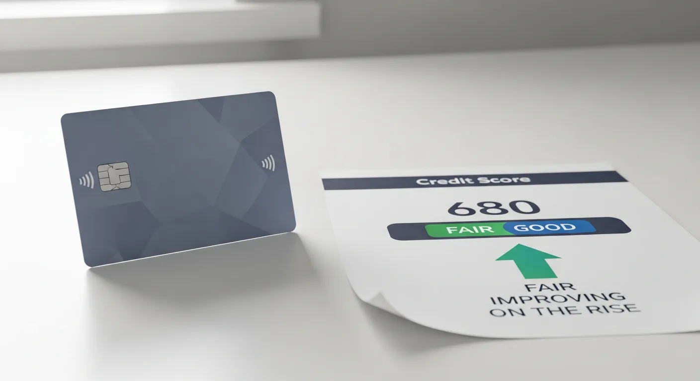 Credit score report with an upward arrow beside a credit card on a clean white desk