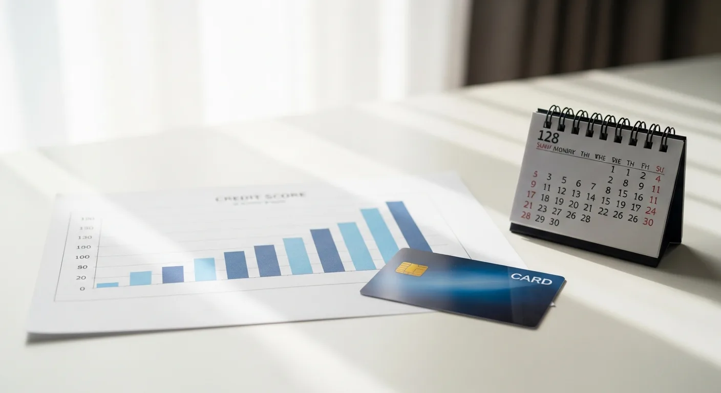 Rising bar chart showing credit score improvement over time beside a credit card