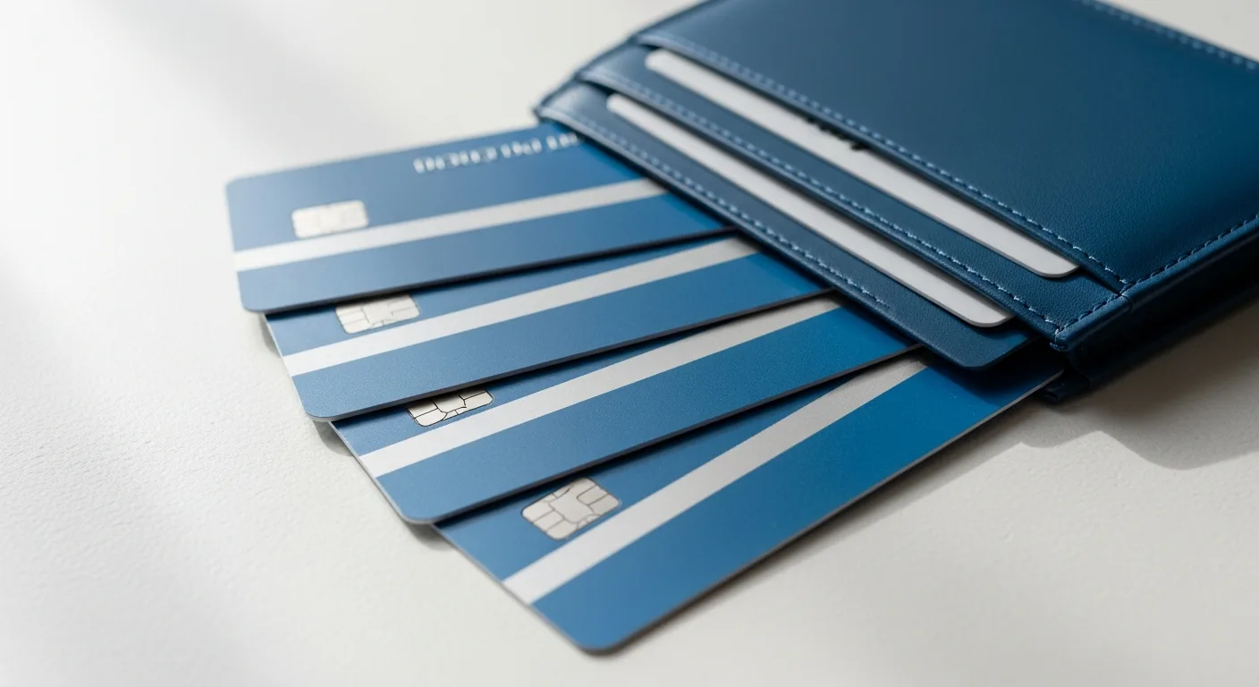 Three credit cards in an open minimalist wallet on a white surface