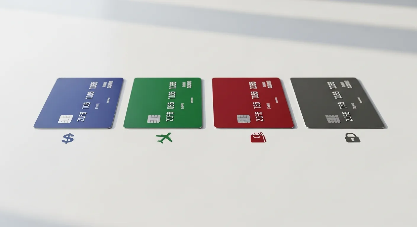 Four different credit cards in a row representing cash back, travel, category, and secured card types