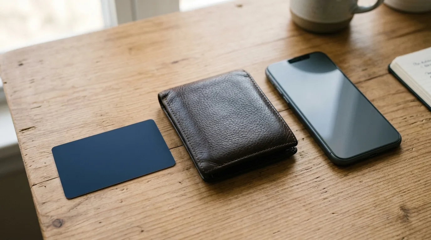A single credit card resting on a wooden desk next to a closed wallet and a phone