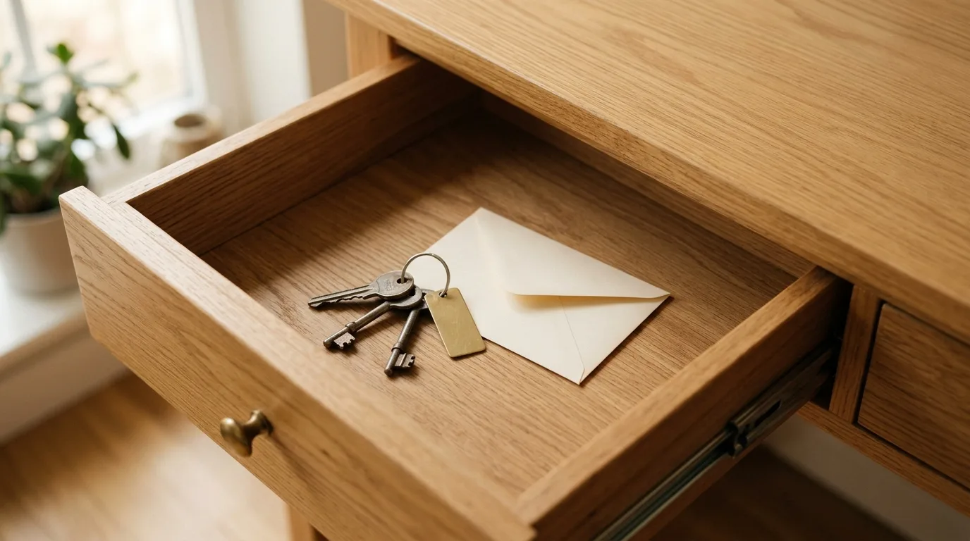 A drawer at home holding a spare card in a small envelope next to keys