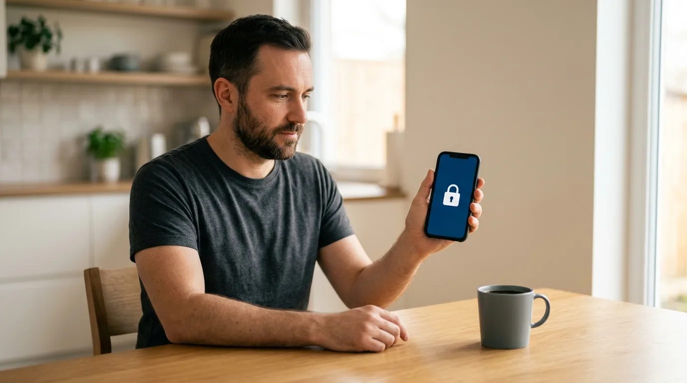 A man checking a card lock setting on a phone at a kitchen table