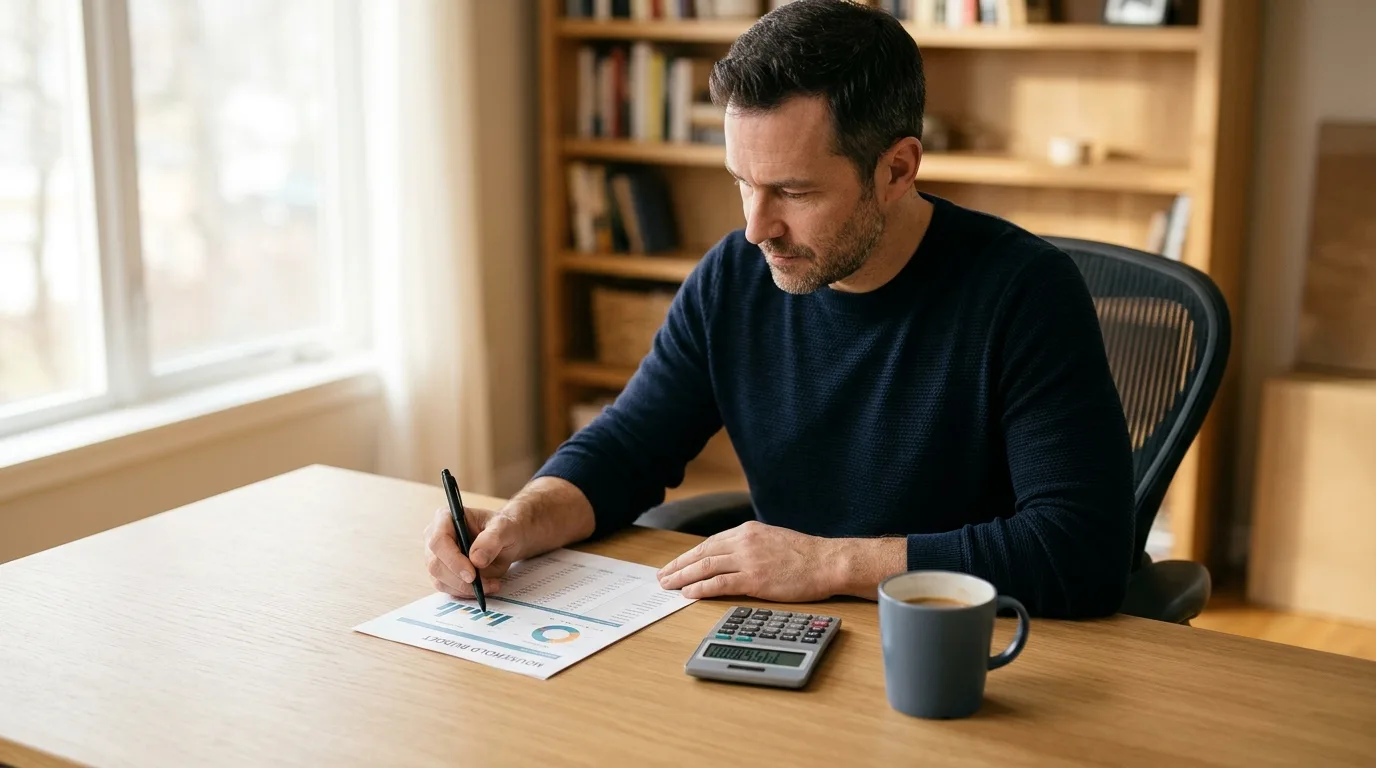 A man at a desk reviewing a monthly budget with a calculator