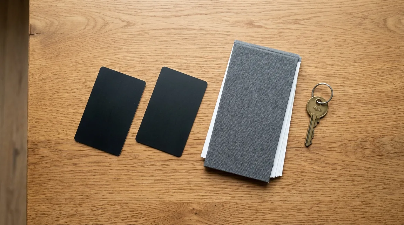 Two credit cards lying next to a house key and a checkbook on a wooden table