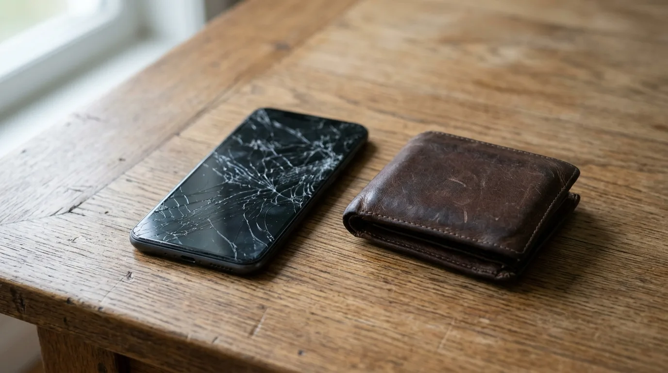 Smartphone with a cracked screen on a wooden table