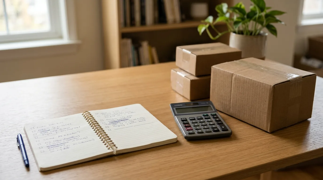 Notebook and calculator beside a stack of boxes