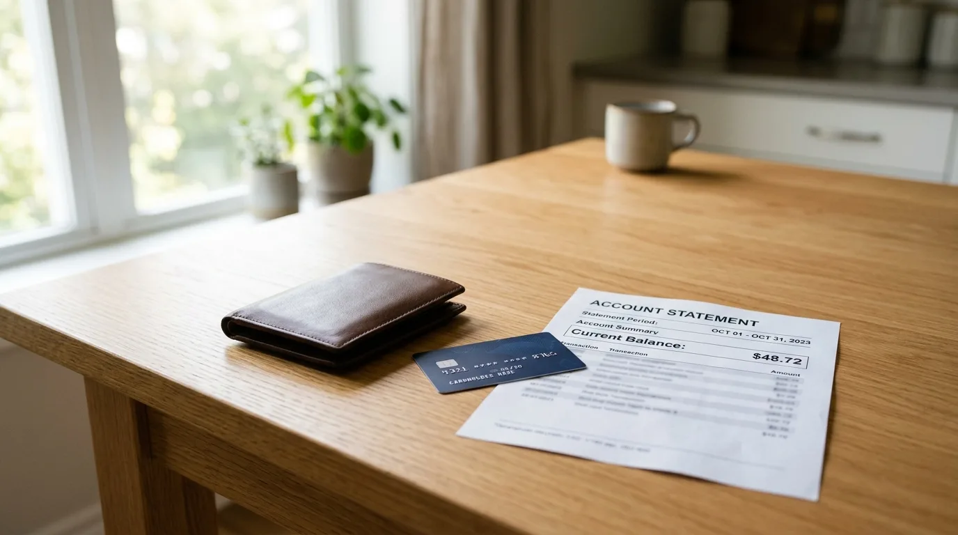 A wallet, a single credit card, and an empty checking account statement on a kitchen table
