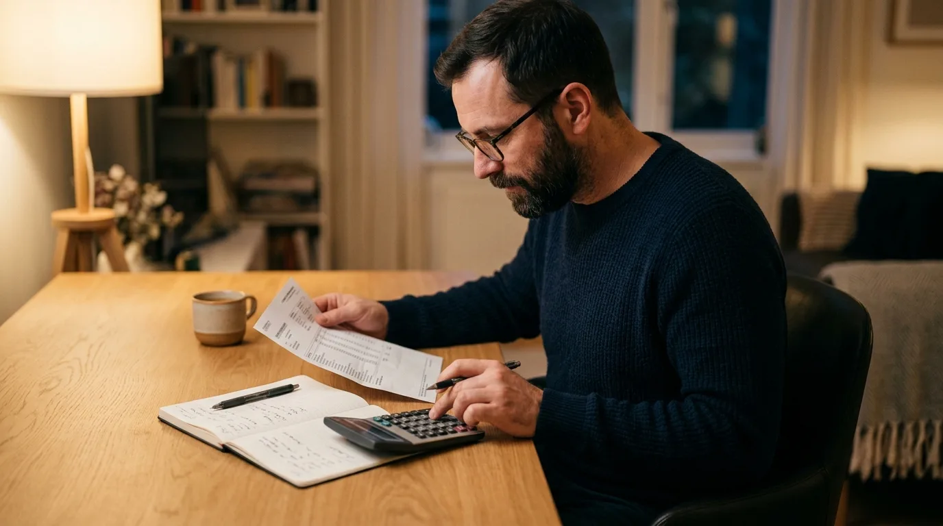 An adult man reviewing a credit card statement at a desk with a calculator