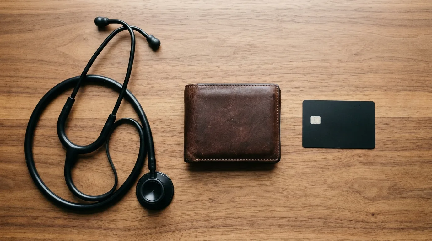 Stethoscope resting on a desk beside a wallet and a credit card
