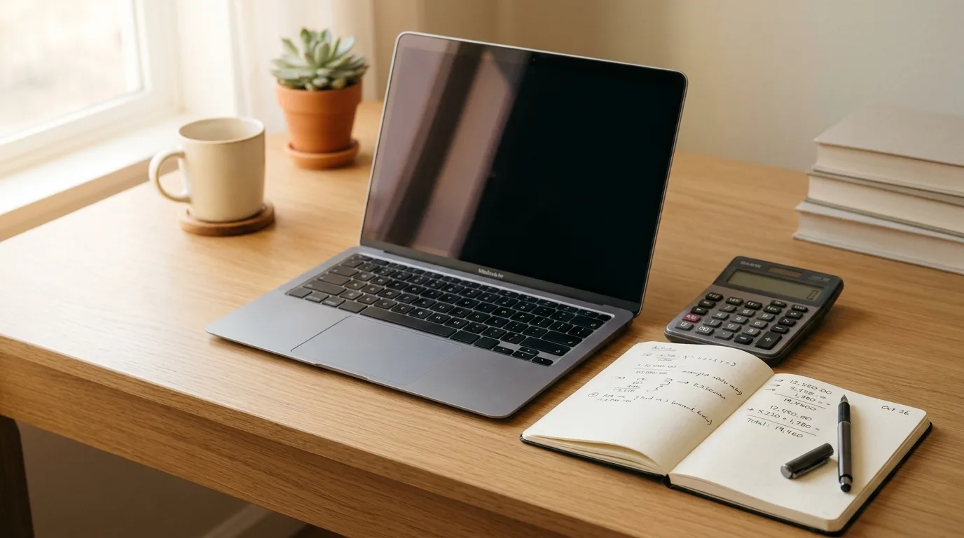 Calculator and notebook comparing yearly rewards to a card fee