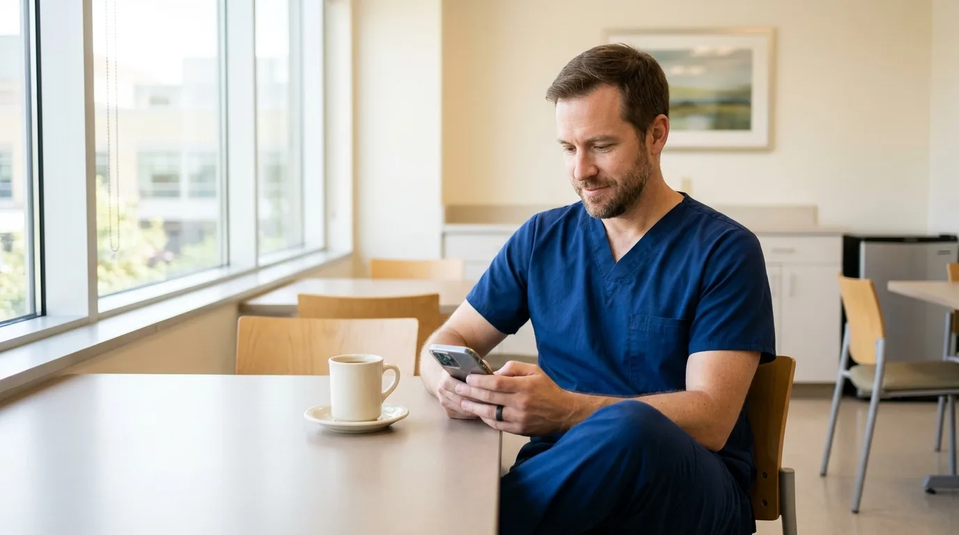 Adult man in scrubs checking a budget on his phone in a hospital break room