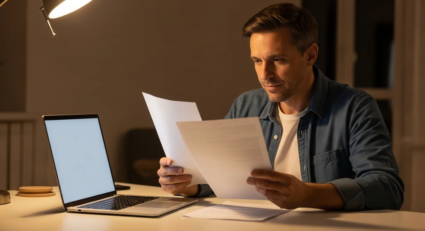 An adult man reviewing paperwork at a desk with a laptop open