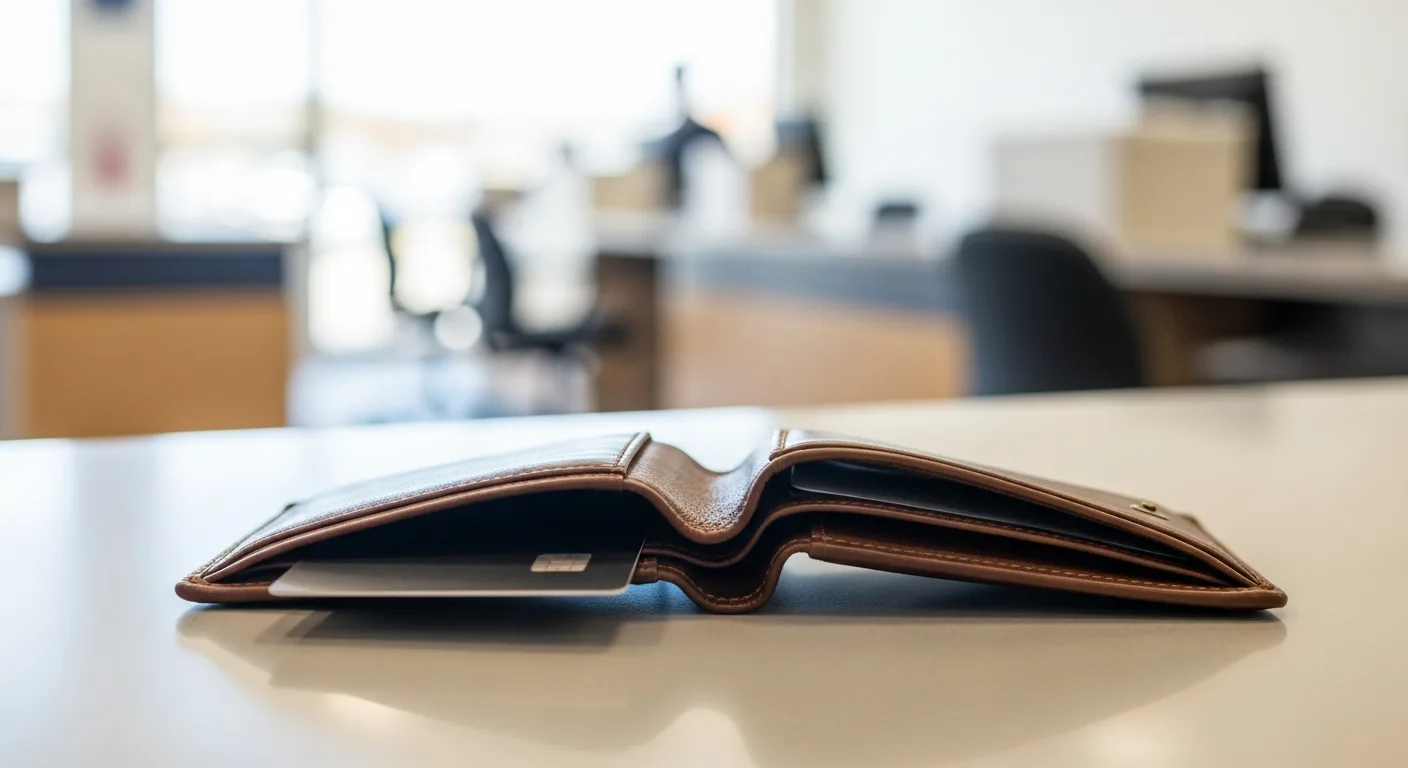 A wallet open on a rental car counter showing a credit card
