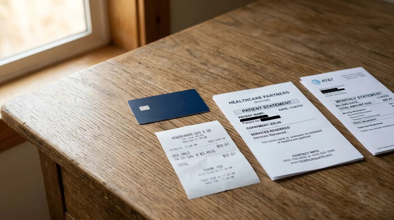 A single no-fee credit card resting on a desk next to a gas pump receipt, a phone bill, and a medical copay statement