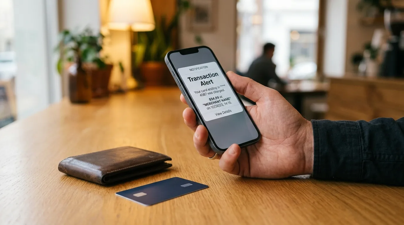 An adult man's hand holding a smartphone showing a transaction alert notification next to a wallet