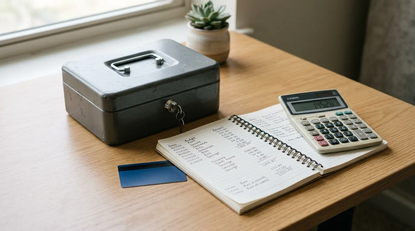 A small locked cash box representing a secured credit card deposit sitting beside a calculator and notebook