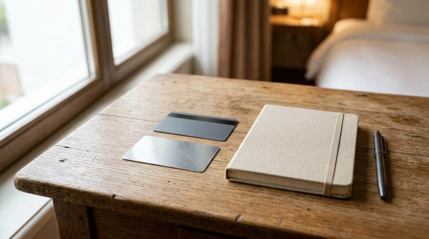 A hotel key and a credit card resting on a wooden desk next to a notebook