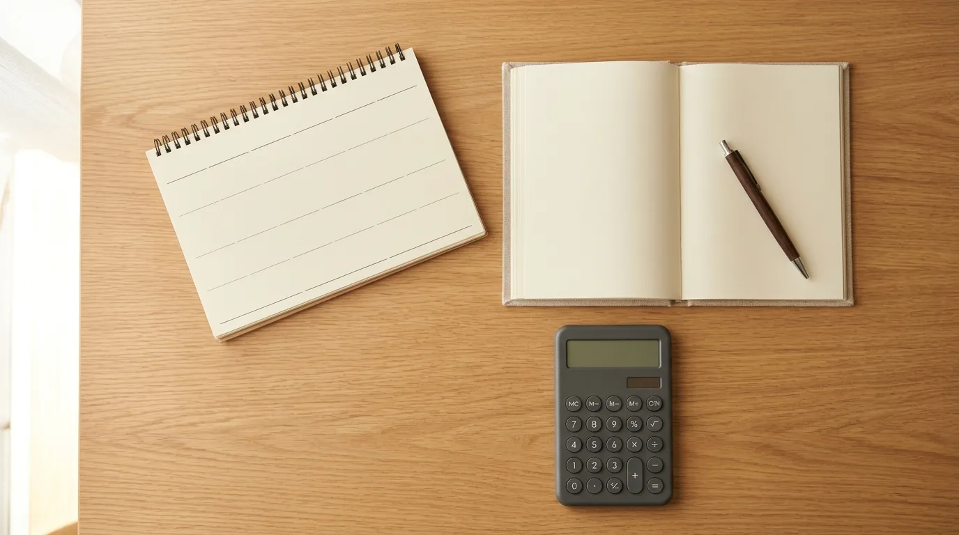 A calendar and notebook on a desk with a pen and calculator