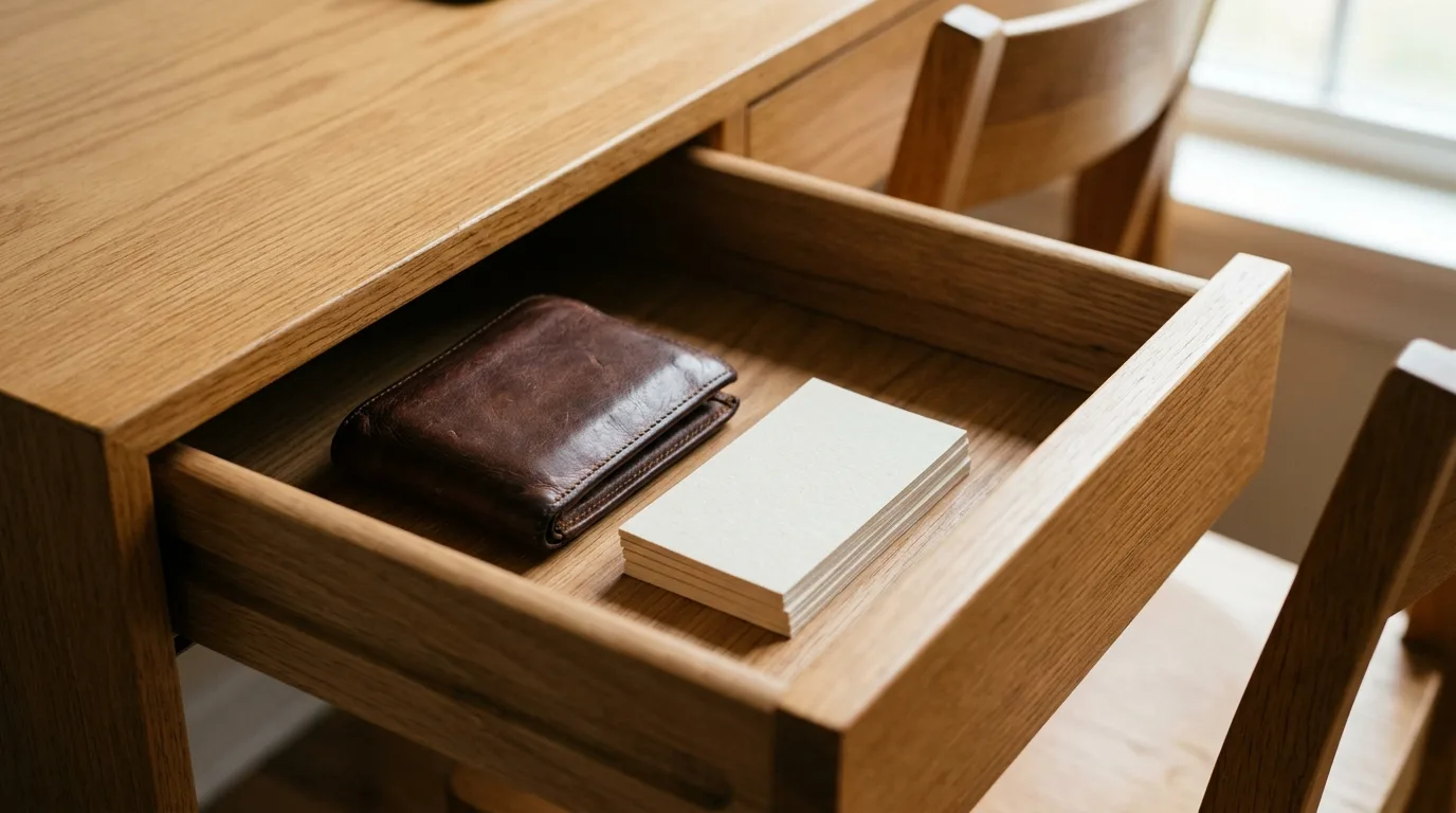 A wallet with a few blank cards sitting beside a desk drawer