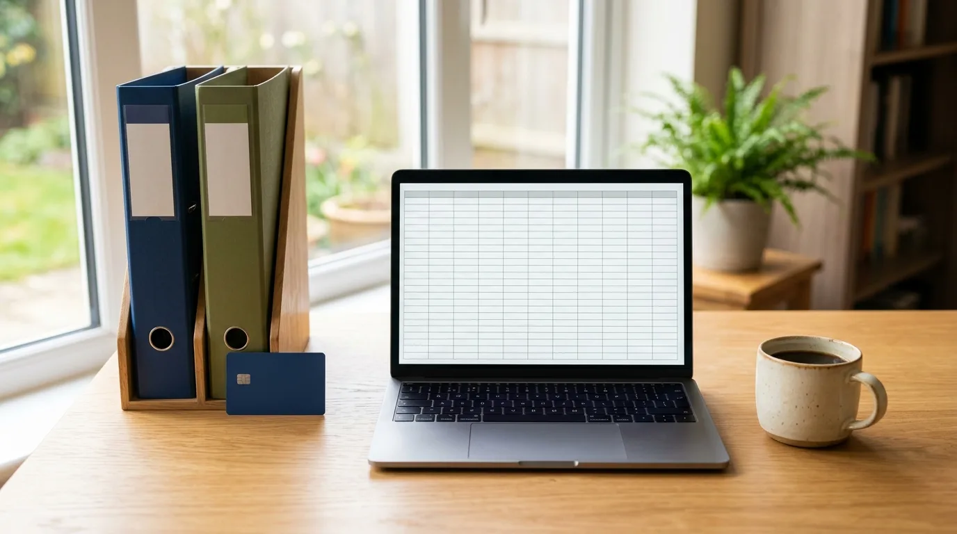 Two folders and a business credit card on a desk beside a laptop showing a spreadsheet