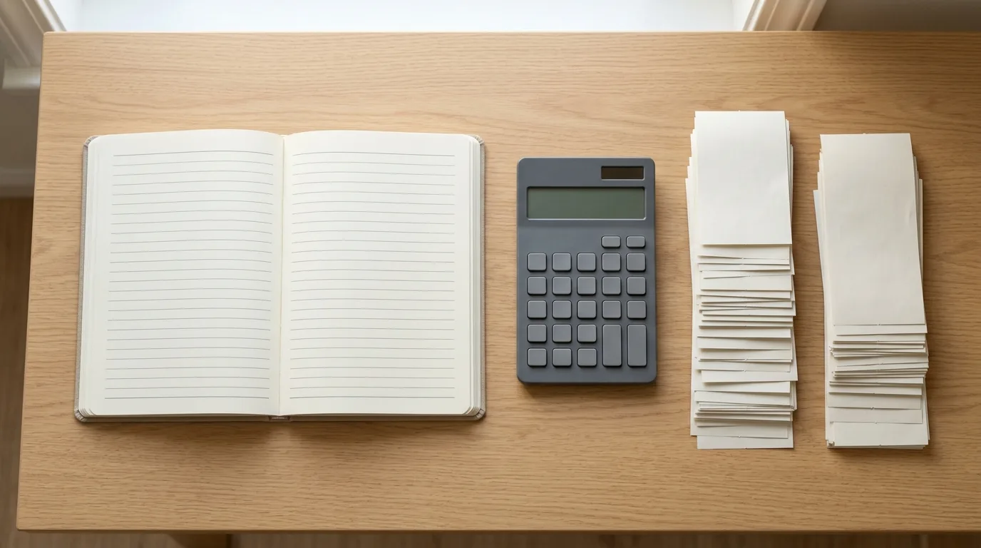 A calculator and notebook beside two stacks of receipts