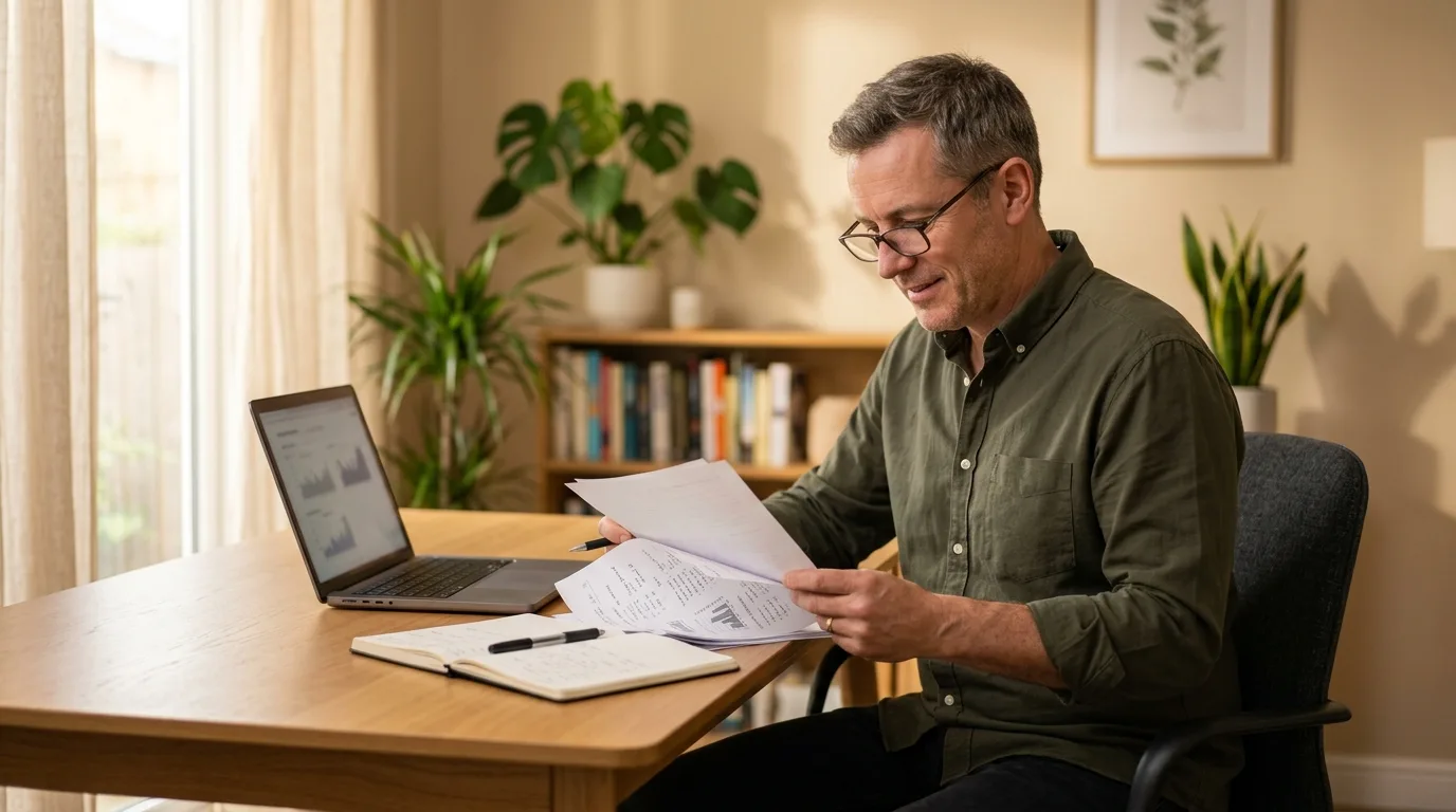 A man reviewing a monthly statement at a home office desk