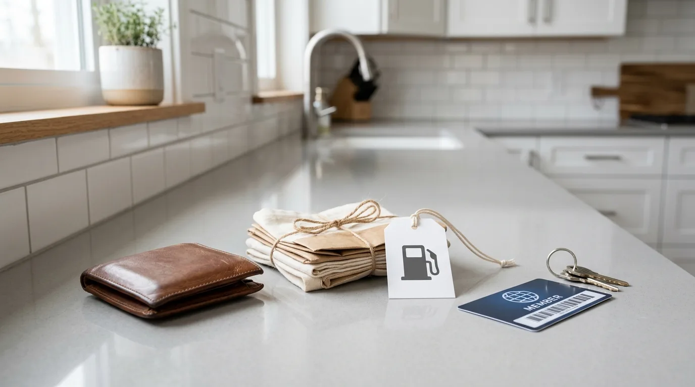 A wallet, a gas pump nozzle, and a warehouse club membership card arranged on a kitchen counter next to grocery bags