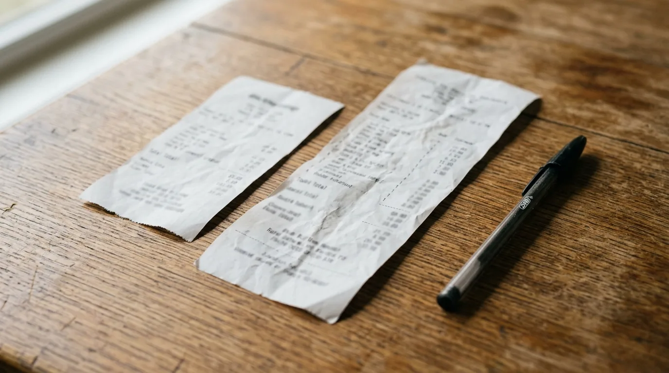 Close-up of a grocery receipt and a gas station receipt side by side on a table