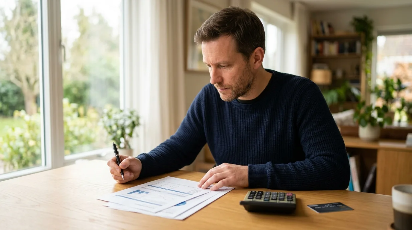 An adult man reviewing a credit card rewards terms document at a desk with a calculator